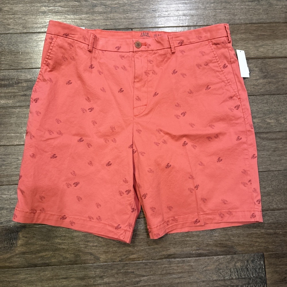 IZOD Saltwater Shorts Mens 38 Coral Pink Lobster Embroidered Stretch Flat Front